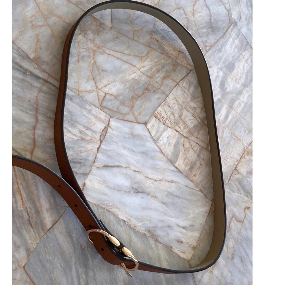 Steve Madden Cognac Brown Faux Leather Belt Gold Oval Buckle Slim Classic 40in